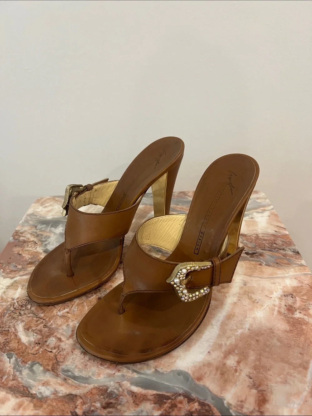 Giuseppe Zanotti Brown Leather Jeweled Thong Heels